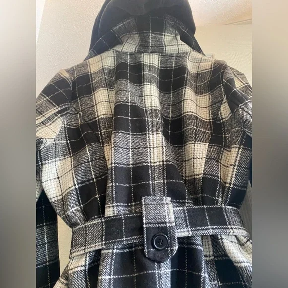 FASHION NOVA 🖤💖🤍PLAID BUTTON FRONT PEACOAT-WITH SASH & DETACHABLE HOODIE-XL - Picture 9 of 16